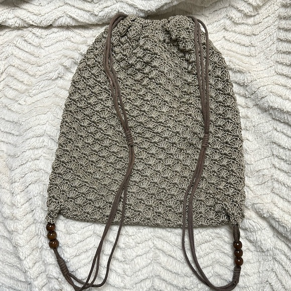 Old Navy Outlet  Crochet Sling style Drawstring Backpack with Wood Beads, Lined - Picture 1 of 6